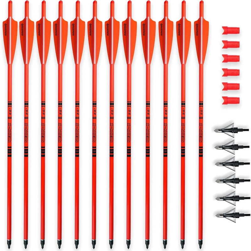 BOWSOUL Crossbow Bolts 20inch Fluorescence Color Carbon Crossbow Hunting Arrows with 4" Vanes and Replaced Arrowhead(12 Pack) - Image 1